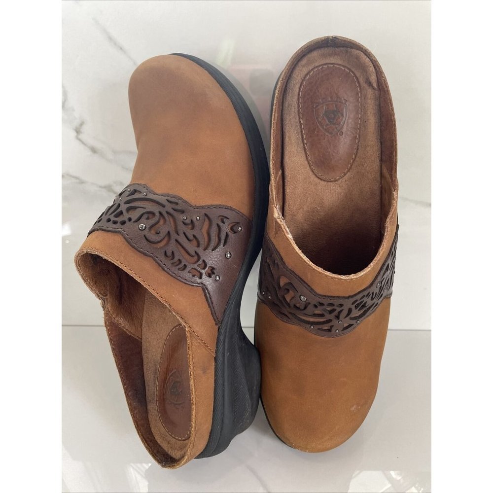 Womens Ariat Clogs Brown Tan Leather Mules Slip On Size 8 - Picture 9 of 12